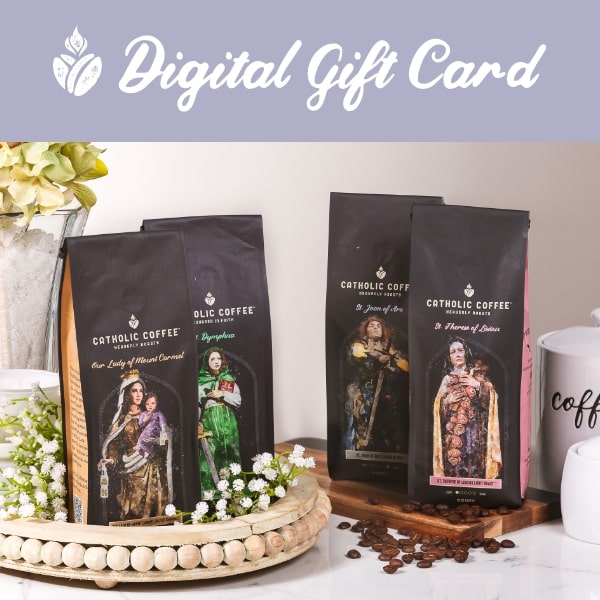 Digital gift card with coffee packages featuring religious figures on a decorative table.