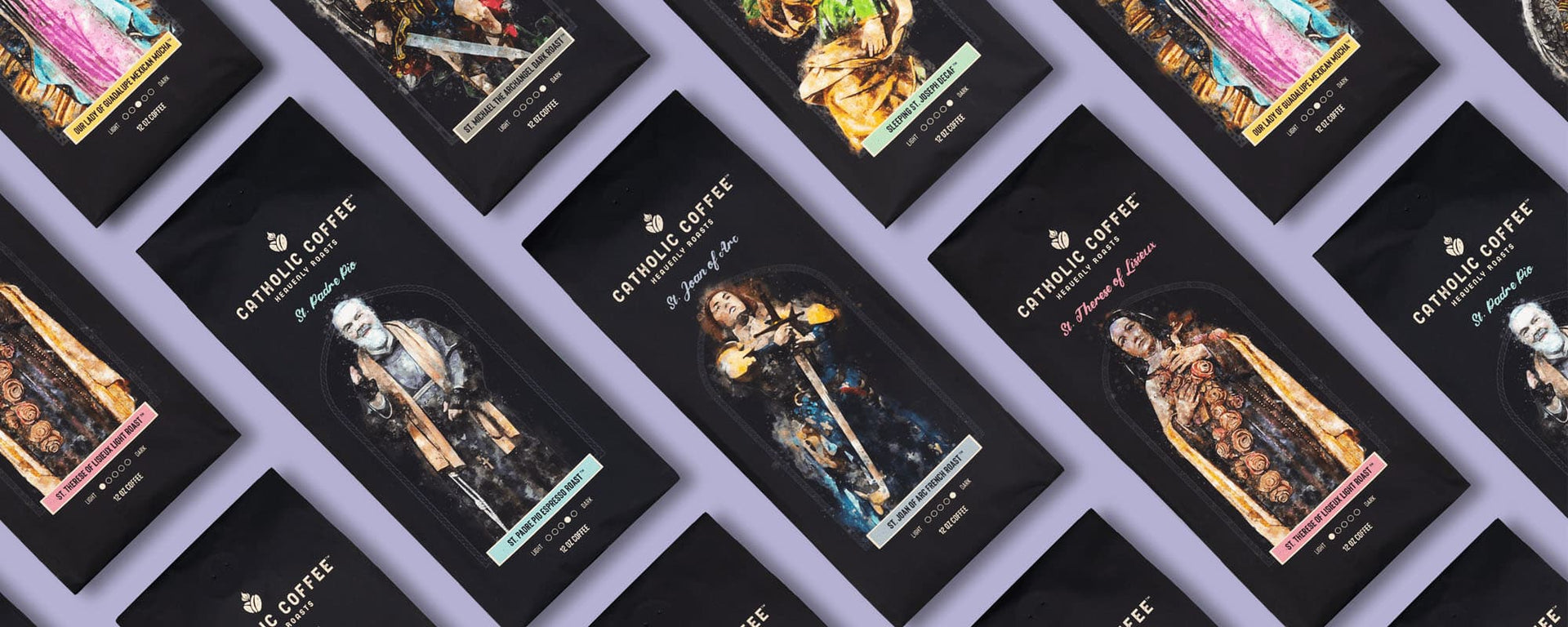Collection of saint-inspired coffee bags stylized in a pattern against a purple backdrop.