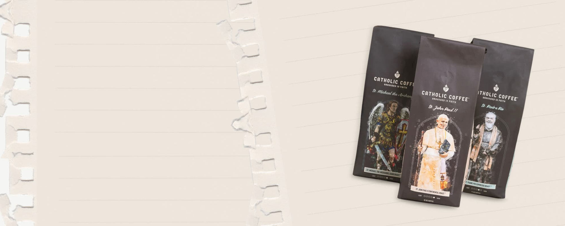 Three coffee packages with illustrated faces on a textured beige background