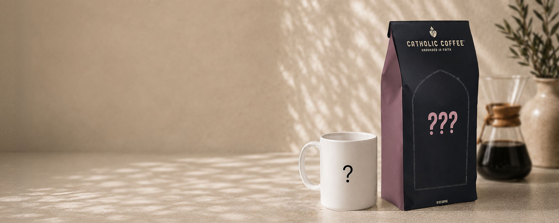 Coffee and Mug with mystery signs on a neutral lifestyle background