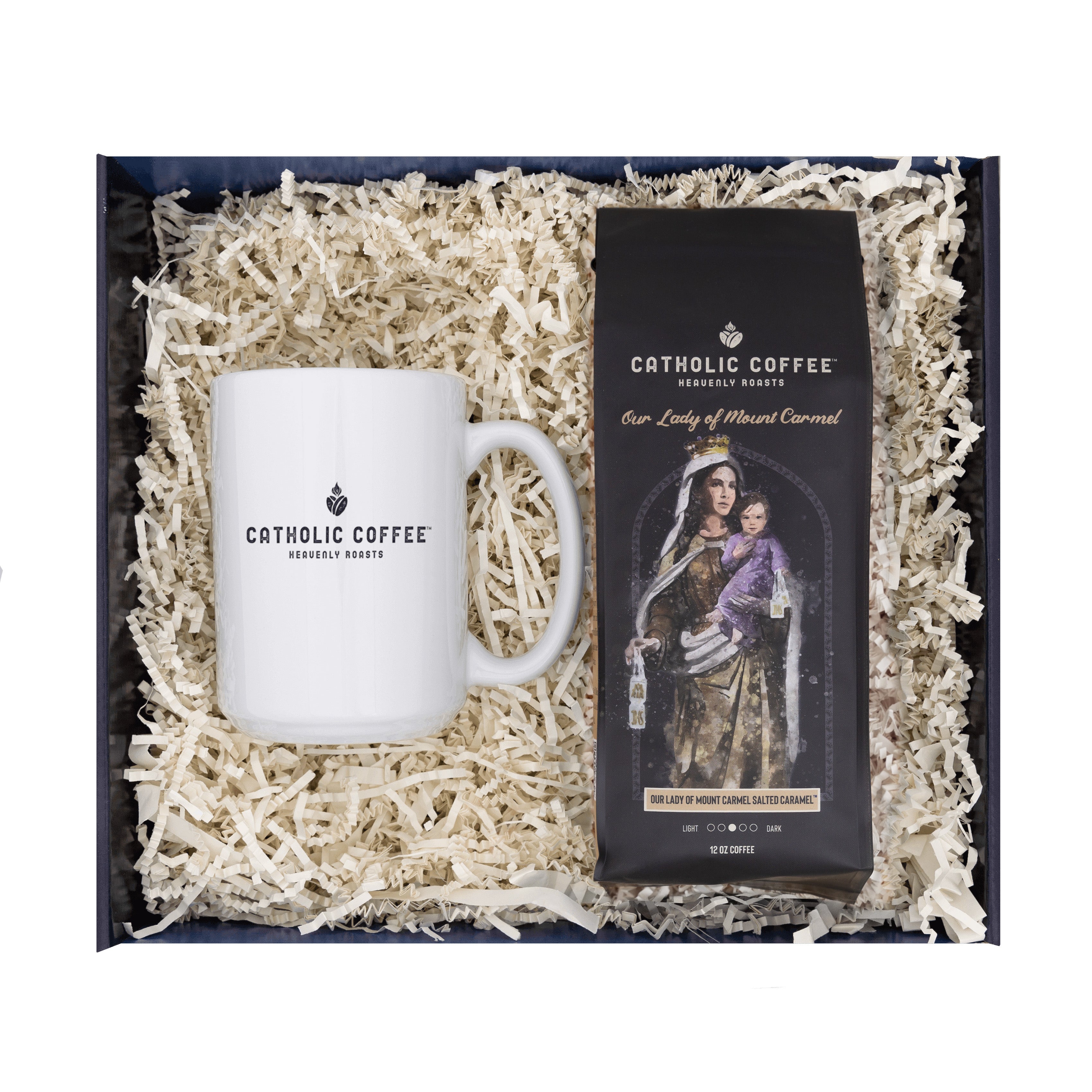 Our Lady of Mount Carmel Caramel Coffee and White Mug Gift Set - Ground